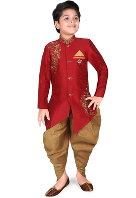 Red embroidered art silk boys-sherwani 1
