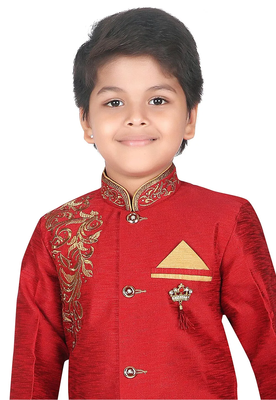Red embroidered art silk boys-sherwani 2