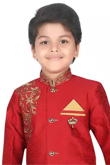 Red embroidered art silk boys-sherwani