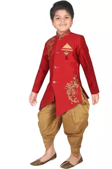 Red embroidered art silk boys-sherwani