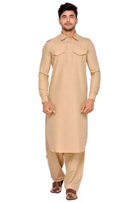 Beige plain cotton pathani-suits 1
