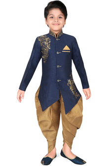 Blue embroidered art silk boys-sherwani