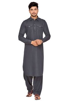 Grey plain cotton pathani-suits 1