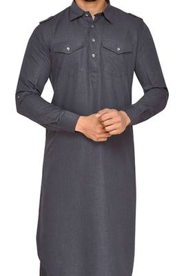 Grey plain cotton pathani-suits 3