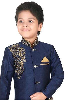 Blue embroidered art silk boys-sherwani 2