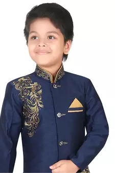 Blue embroidered art silk boys-sherwani