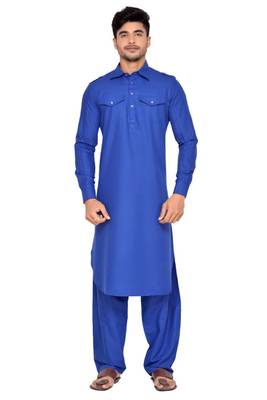 Blue Cotton Plain Kurta Pajama Set for Men 1