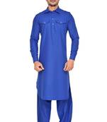 Blue Cotton Plain Kurta Pajama Set for Men