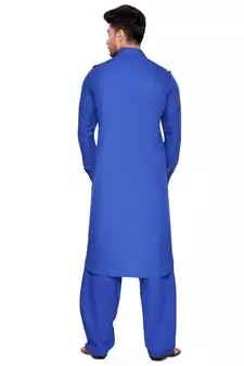 Blue Cotton Plain Kurta Pajama Set for Men