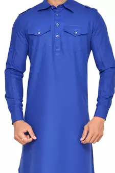 Blue Cotton Plain Kurta Pajama Set for Men