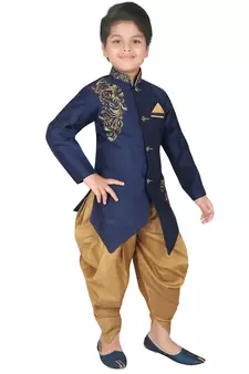 Blue embroidered art silk boys-sherwani