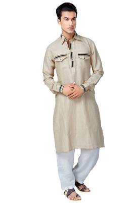 Beige plain linen pathani-suits 1