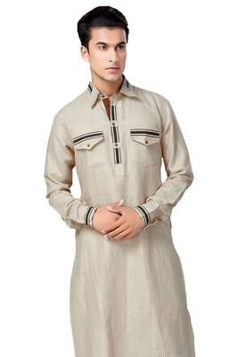 Beige plain linen pathani-suits 2