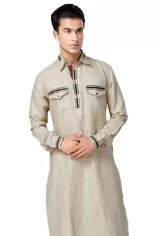 Beige plain linen pathani-suits