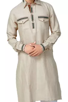 Beige plain linen pathani-suits