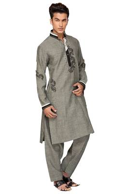 Grey plain cotton pathani-suits 1
