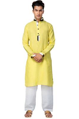 Yellow plain linen pathani-suits 1