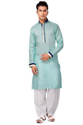 Turquoise plain linen pathani-suits 1
