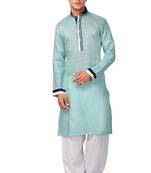 Turquoise plain linen pathani-suits
