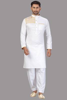 White Cotton Plain Kurta Pajama Set for Men 1