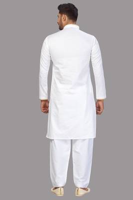 White Cotton Plain Kurta Pajama Set for Men 2