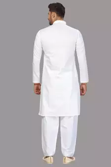 White Cotton Plain Kurta Pajama Set for Men