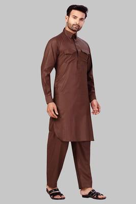 Brown plain cotton pathani-suits 1