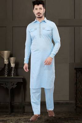 Blue plain cotton pathani-suits 1