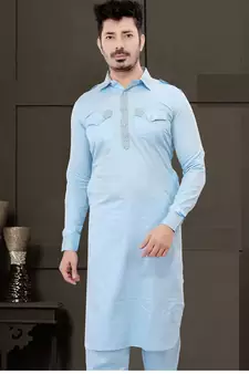 Blue plain cotton pathani-suits