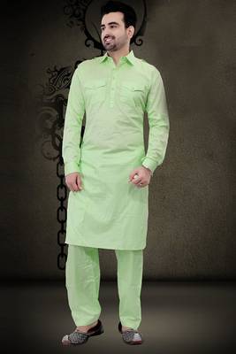Green plain cotton pathani-suits 1