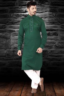 Green plain cotton pathani-suits 1