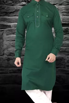 Green plain cotton pathani-suits