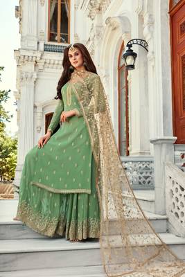 Green Embroidered Georgette Salwar Free size full stitched Up To 42" Size 1