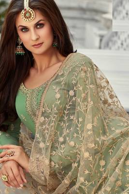 Green Embroidered Georgette Salwar Free size full stitched Up To 42" Size 2