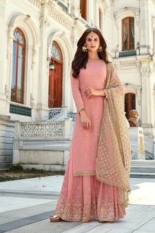 Pink Embroidered Georgette Salwar Free size full stitched Up To 42" Size