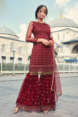 Red Embroidered Net Salwar Free size full stitched Up To 42" Size 1
