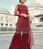 Red Embroidered Net Salwar Free size full stitched Up To 42" Size