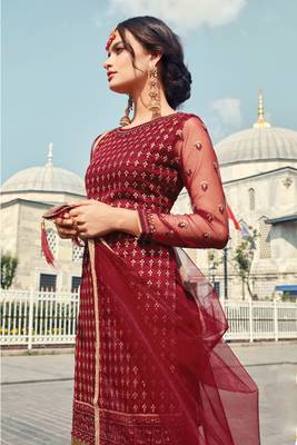 Red Embroidered Net Salwar Free size full stitched Up To 42" Size 2