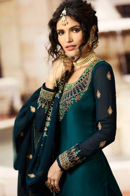 Teal Georgette Golden Embroidered Salwar Lehenga Set with Dupatta - Semi Stitched 2