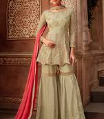Beige Faux Georgette Sequin Embroidered Sharara Suit