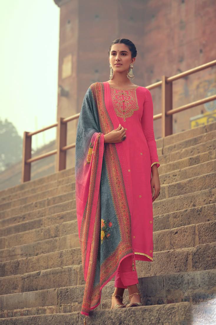Pink Embroidered Cotton Salwar Up To 42" Size