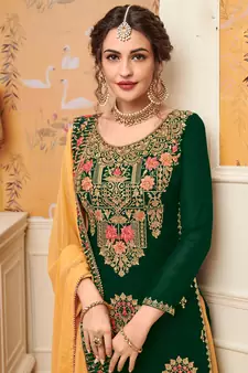Green Embroidered Faux Georgette Salwar Up To 42" Size