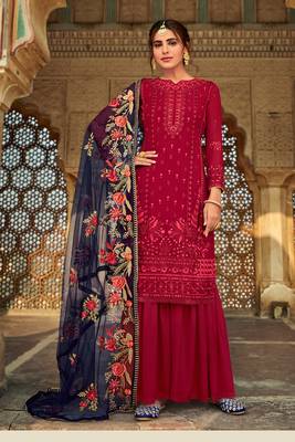 Red Embroidered Faux Georgette Salwar Free size full stitched Up To 42" Size 1