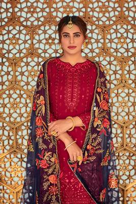 Red Embroidered Faux Georgette Salwar Free size full stitched Up To 42" Size 2