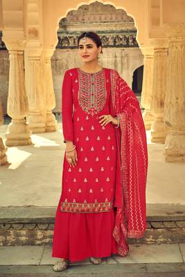 Red Embroidered Faux Georgette Salwar Free size full stitched Up To 42" Size 1