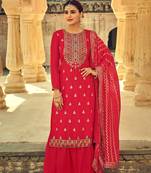 Red Embroidered Faux Georgette Salwar Free size full stitched Up To 42" Size