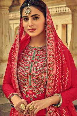 Red Embroidered Faux Georgette Salwar Free size full stitched Up To 42" Size 2