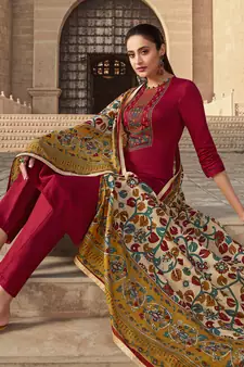 Red Embroidered Cotton Salwar Free size full stitched Up To 42" Size