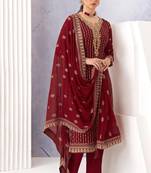 Red Embroidered Faux Georgette Salwar Free size full stitched Up To 42" Size