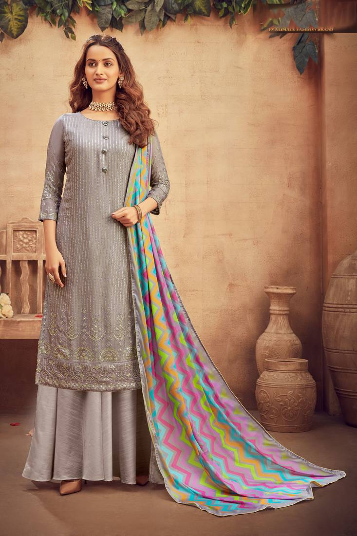 Grey Embroidered Faux Georgette Salwar Up To 42" Size